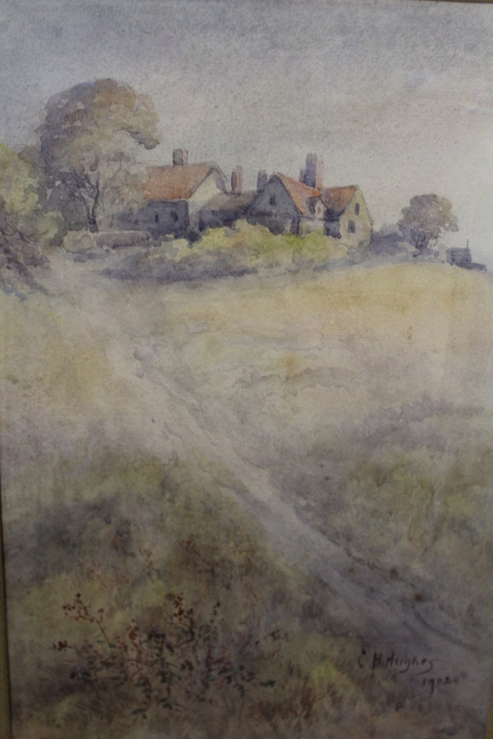 A GILT FRAMED AND GLAZED WATERCOLOUR DEPICTING A COUNTRY PATH BEFORE BUILDINGS SIGNED C H HUGHES - Image 2 of 4