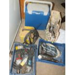 A SMALL SELECTION OF POWER TOOLS, TRANSFORMER, COOL BOX AND SHOWER FITTING