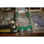 THREE TRAYS OF ASSORTED GLASSWARE TO INCLUDE WEBB AND CORBET CRYSTAL, CLARET JUG ETC.