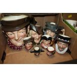A COLLECTION OF ROYAL DOULTON CHARACTER JUGS TO INCLUDE LARGE AND SMALL SAM WELLER JUGS, ROBIN HOOD,