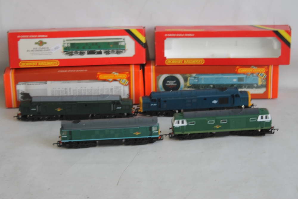 FOUR BOXED HORNBY DIESEL LOCOMOTIVES to include R.074 Hymek, R.072 BR Class 25 Green, R.347 BR Class