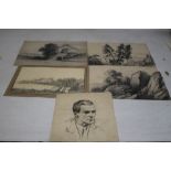 A FOLDER OF ORIGINAL PENCIL SKETCHES AND PEN & INK DRAWINGS to include three with "'H. W. Burgess