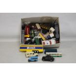 A BOX OF PLAYWORN DIE CAST VEHICLES, to include trucks, buses, and trains