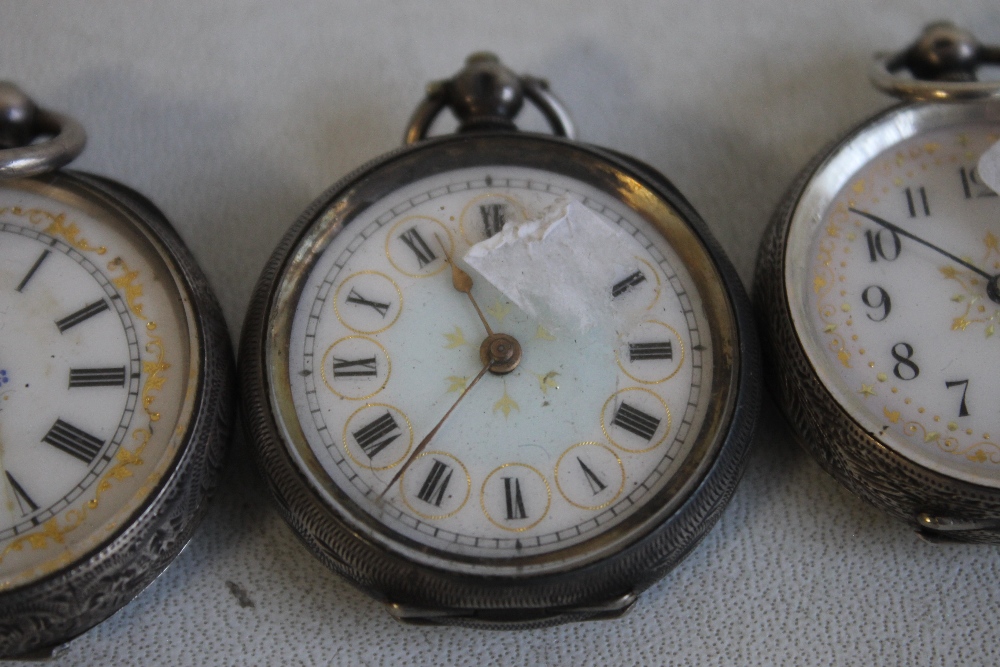 THREE 19TH CENTURY CONTINENTAL WHITE METAL FOB WATCHES WITH FANCY ENAMEL DIALS - Image 3 of 7