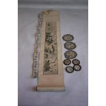 A CHINESE SILK WALL HANGING/SCROLL and a small group of embroidered silk rank patches/badges.