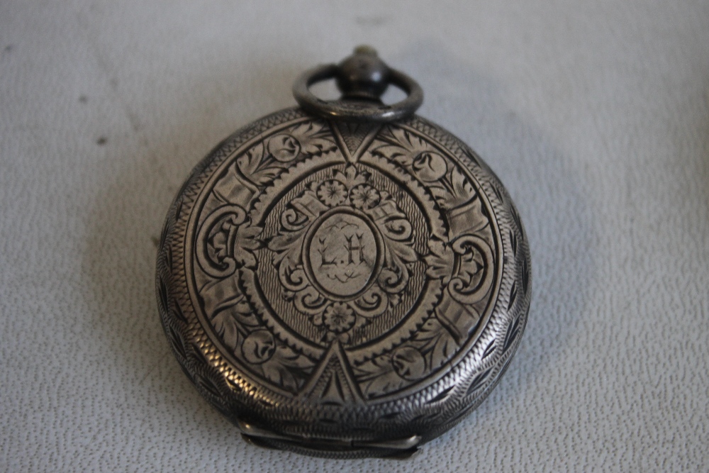 THREE 19TH CENTURY CONTINENTAL WHITE METAL FOB WATCHES WITH FANCY ENAMEL DIALS - Image 6 of 7