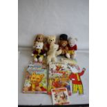 A RUPERT BEAR AND OTHER VINTAGE SOFT TOYS and a small quantity of Rupert Annuals