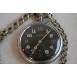 A JAEGER LE COULTRE GSTP MILITARY POCKET WATCH, black open face and military markings to the back