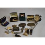 A BOX OF COLLECTABLES, to include cuff links a Dalvey clock, Acme whistle etc