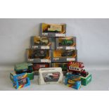 NINE CORGI TRUCKS/BUSES plus two Matchbox cars and one Matchbox truck.