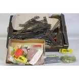 A BOX OF 00 GAUGE TRACK AND SCENERY plus two Triang Hornby boxed rolling stock.