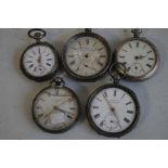 FIVE ANTIQUE SILVER OPEN FACE POCKET WATCHES