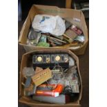 A LARGE BOX OF RAILWAY ACCESSORIES to include track, buildings, transformers, signals etc.