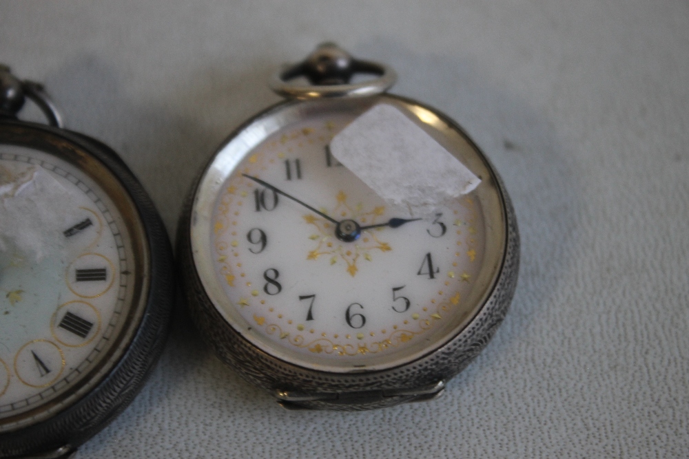 THREE 19TH CENTURY CONTINENTAL WHITE METAL FOB WATCHES WITH FANCY ENAMEL DIALS - Image 4 of 7