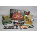 A BOXED VINTAGE ETCH A SKETCH DRAWING TOY, GAF VIEW MASTER AND SLIDES, INGHAM DAY MAGNETIC FISHING