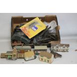 A BOX OF 00 GAUGE SCENERY, to include large bag of buildings, track, bridge etc.