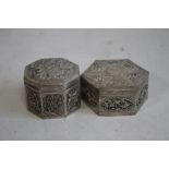 Two CHINESE EXPORT WARE WHITE METAL SNUFF/TRINKET BOXES, all with typical embossed decoration the