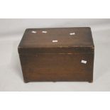 A VINTAGE WOODEN SEWING BOX AND CONTENTS, and a hip flask with fitted plated cup