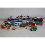 TEN TIN PLATE TOYS, to include Sky Patrol Helicopter, sports car, spinning top, etc
