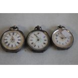 THREE 19TH CENTURY CONTINENTAL WHITE METAL FOB WATCHES WITH FANCY ENAMEL DIALS