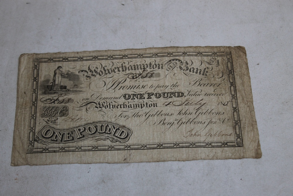 A "'WOLVERHAMPTON OLD BANK"' ONE POUND NOTE DATED 4TH JULY 1815, black on white uniface, with hand