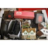 A BOX CONTAINING NINE RAILWAY TRANSFORMER UNITS, a quantity of O and OO gauge track, a quantity of