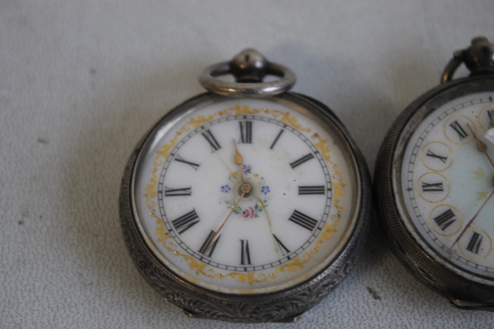 THREE 19TH CENTURY CONTINENTAL WHITE METAL FOB WATCHES WITH FANCY ENAMEL DIALS - Image 2 of 7