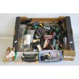 A BOX OF OO GAUGE SPARE PARTS, carcasses and a quantity of covered and uncovered wagons.