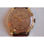 AN 18CT GOLD CASED "'EXACTUS"' GENTLEMAN'S TWO BUTTON CHRONOGRAPH WRISTWATCH, salmon coloured dial