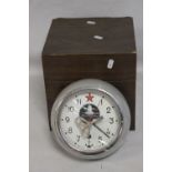 A VINTAGE RUSSIAN SUBMARINE BULKHEAD CLOCK GREY PAINTED ALLOY CASE, in a fitted wooden storage box