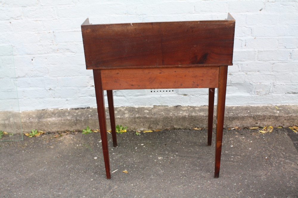 AN ANTIQUE MAHOGANY INLAID SMALL WASHSTAND, the tray top above two small drawers and a central dummy - Image 9 of 9