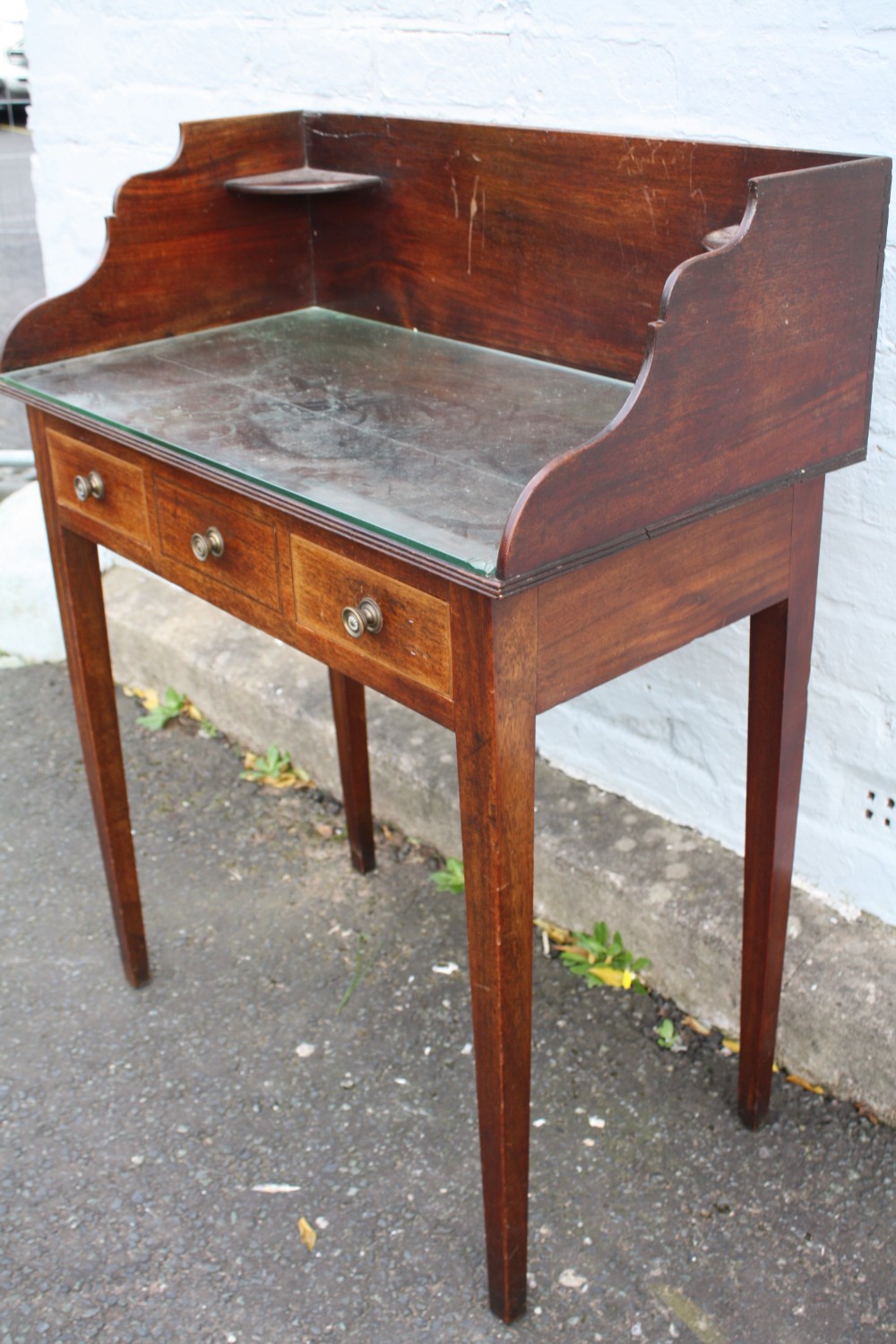 AN ANTIQUE MAHOGANY INLAID SMALL WASHSTAND, the tray top above two small drawers and a central dummy - Image 3 of 9