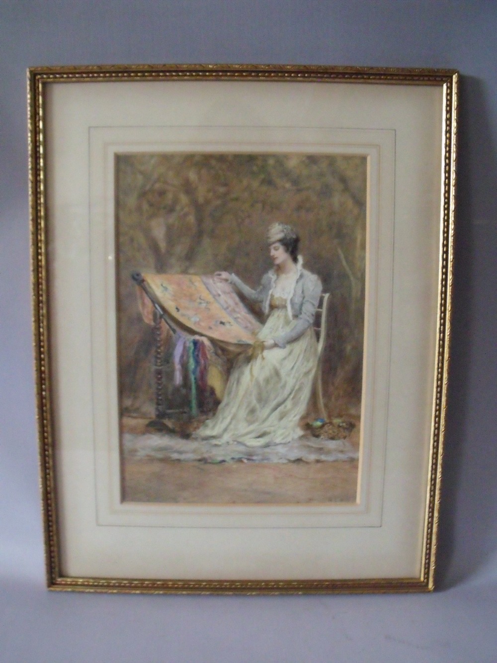 MARY LOUISA GOW (1851-1925). Study of a seated lady working on a tapestry in a garden setting, - Image 2 of 4