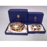 TWO ROYAL CROWN DERBY OVAL LIDDED TRINKET POTS, Imari pattern 1128, largest W 7.5 cm, both boxed (