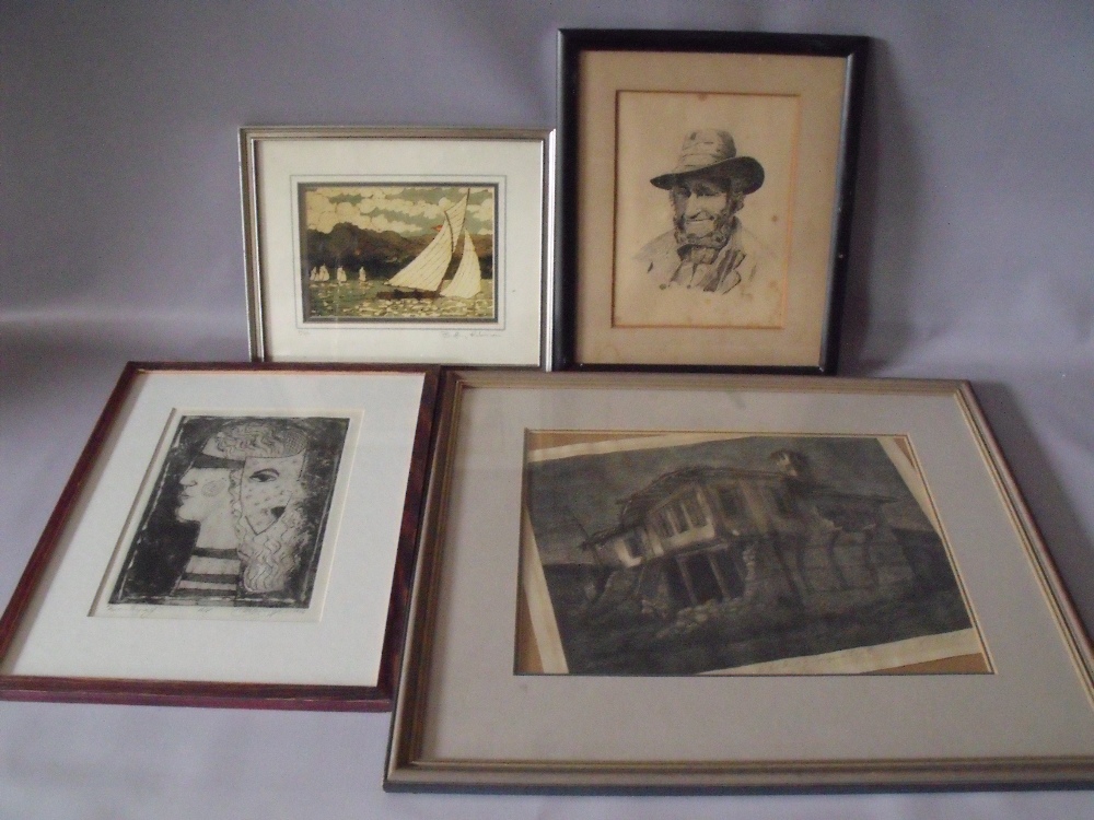 (XX). Three etchings and woodcuts etc., VISSAUV. Village building with figures, B ROBINSON. Lake