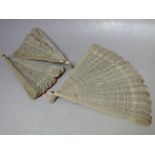 THREE ANTIQUE CARVED BONE / IVORY BRISE FANS FOR RESTORATION, longest L 18 cm (3)