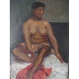 SLADE SCHOOL (XX). Study of a seated semi-nude female, indistinctly inscribed verso, unsigned, oil