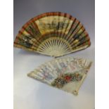 AN ANTIQUE CARVED BONE / IVORY FOLDING FAN, with hand painted Oriental figural scene and