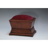 A SARCOPHAGUS SEWING BOX PIN CUSHION, W 16 cm