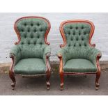 A PAIR OF 19TH CENTURY MAHOGANY FRAMED GENTLEMANS ARMCHAIRS, with dark green button backed