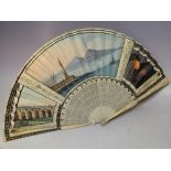 AN ANTIQUE CARVED BONE / IVORY HAND PAINTED FOLDING FAN, with Italian scenic decoration, L 26 cm