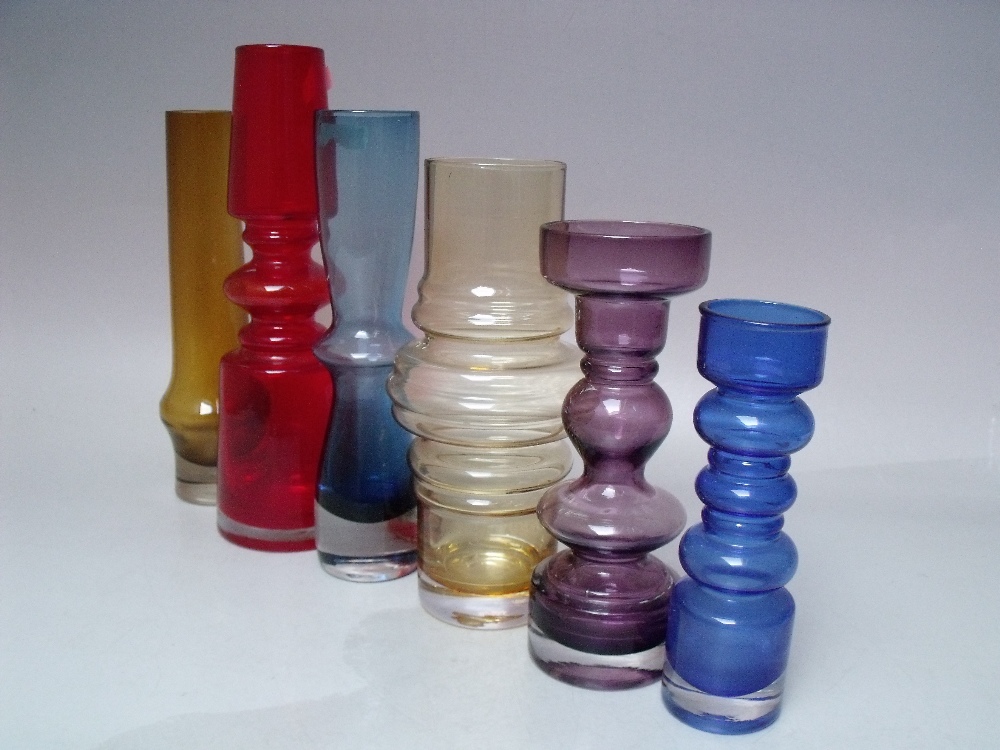 A GROUP OF SIX MAINLY FINNISH RIIHIMAKI STUDIO / ART GLASS VASES, varying shapes and colours, to
