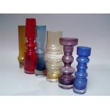 A GROUP OF SIX MAINLY FINNISH RIIHIMAKI STUDIO / ART GLASS VASES, varying shapes and colours, to