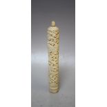 A 19TH CENTURY CHINESE CANTO CARVED CYLINDRICAL SEWING CASE AND LID, with fifteen assorted sewing