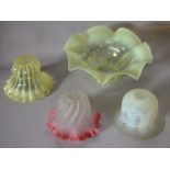 FOUR ASSORTED VINTAGE GLASS LAMP SHADES, of varying form and colour, to include two opaque glass