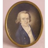 (XVIII-XIX). Oval portrait miniature of Mr. Miller, see verso, unsigned, framed and glazed, 7 x 5.