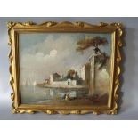 (XIX-XX). Continental school, coastal scene with figures, unsigned, oil on board, framed, 19 x 24