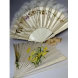 AN ANTIQUE BONE / IVORY AND SILK FOLDING FAN FOR RESTORATION, with embroidered decoration and