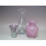 A SWEDISH ART GLASS PINK MOTTLED GLASS VASE, with original SKRUF label, together with a decanter -