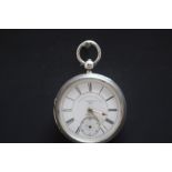 A HALLMARKED OPEN FACED MANUAL WIND POCKET WATCH, enamel dial stamped 'railway manufacturer - Thomas